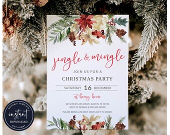 May include: A Christmas party invitation with a watercolor floral design in shades of red, yellow, and green. The text reads "Jingle & Mingle" in red cursive font. The invitation details a Christmas party on Saturday, December 16th, at Henry home. The address and RSVP information are also included.