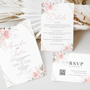 Blush Pink Wedding Invitation Set Template, Pink Wedding invitation Suite Template, Sage Blush Rose RSVP, Printable Wedding Invitation Set