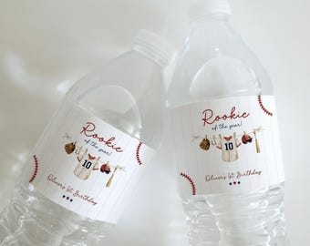 Rookie of the Year First Birthday Water Bottle Labels, Baseball Birthday Water Bottle Label, 1st Birthday Water Bottle Label, Canva Template