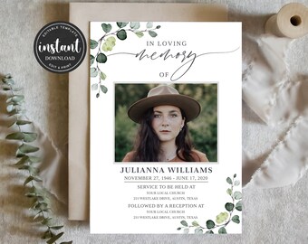 May include: A white memorial card with a green eucalyptus wreath border. The card features a photo of a woman wearing a hat and a handwritten message that reads "In loving memory of" followed by the name "Julianna Williams" and dates of birth and death. The card also includes information about the funeral service and reception.