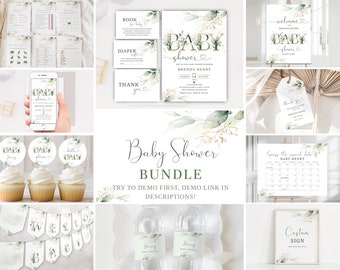 Greenery Baby Shower Bundle, Green & Gold Baby Shower Bundle, Gender Neutral Baby Shower Invitation, Editable Baby Shower Invitation Set