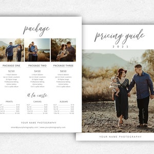 Może przedstawiać: Przewodnik cenowy pakiet&oacute;w fotograficznych. Przewodnik zawiera trzy r&oacute;żne pakiety z r&oacute;żnymi cenami i usługami, w tym sesję 1-godzinną, 20 zdjęć cyfrowych, profesjonalną edycję i galerię online. Przewodnik zawiera r&oacute;wnież ceny &agrave; la carte za odbitki, pł&oacute;tna i albumy.