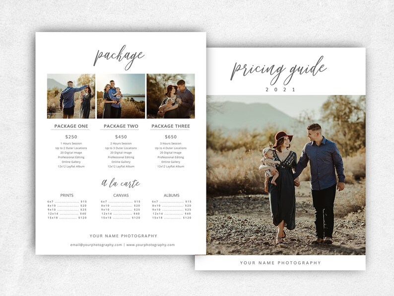 Może przedstawiać: Przewodnik cenowy pakiet&oacute;w fotograficznych. Przewodnik zawiera trzy r&oacute;żne pakiety z r&oacute;żnymi cenami i usługami, w tym sesję 1-godzinną, 20 zdjęć cyfrowych, profesjonalną edycję i galerię online. Przewodnik zawiera r&oacute;wnież ceny &agrave; la carte za odbitki, pł&oacute;tna i albumy.
