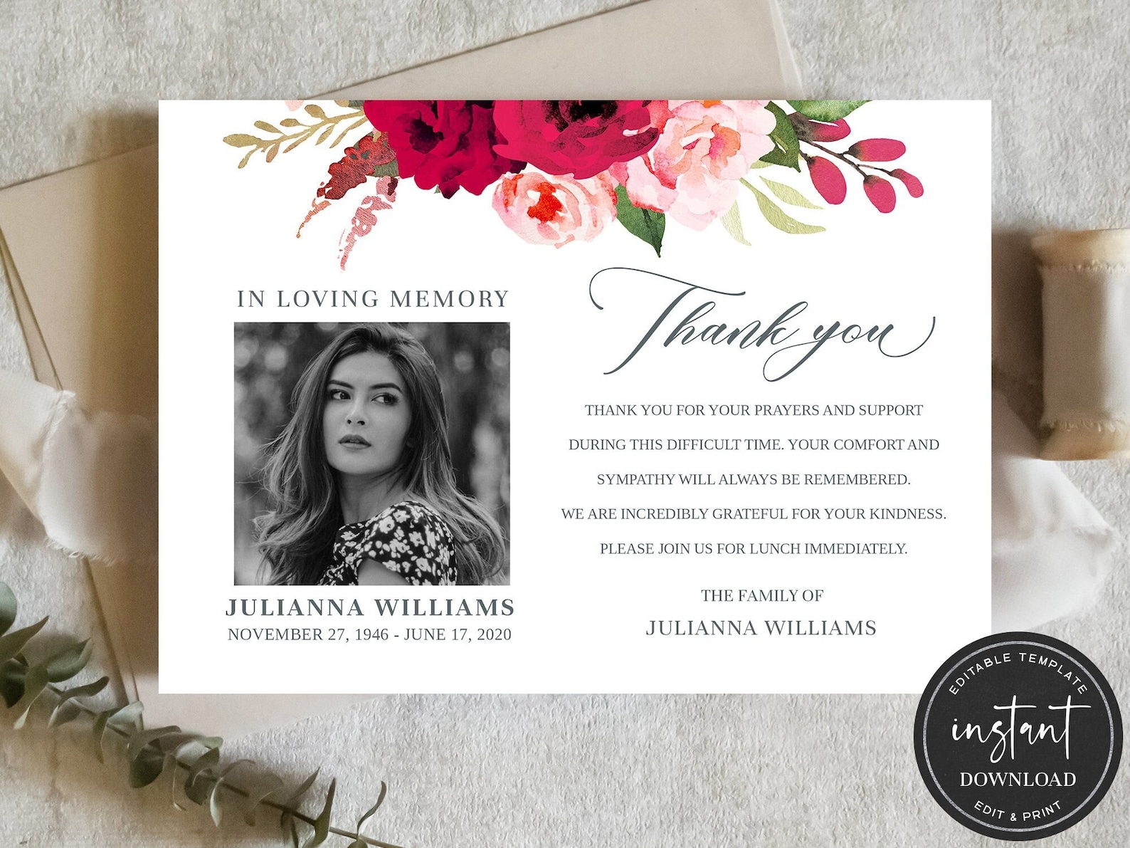 Funeral Thank You Card Funeral Thank You Cards Editable Etsy