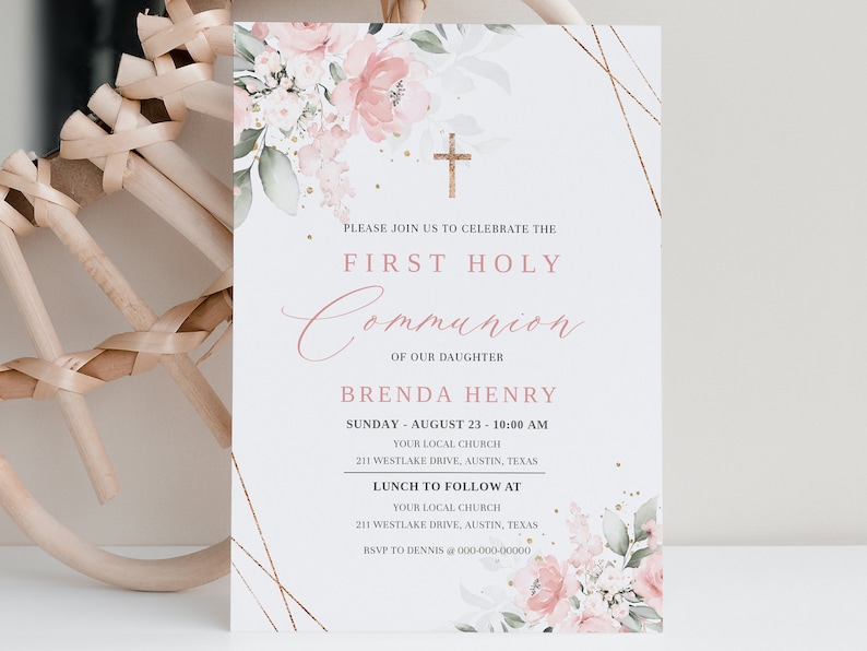 Pink First Holy Communion Invitation Template, Pink Watercolor Communion Invite, Editable First Communion Invitation, Girl Communion Invite image 3