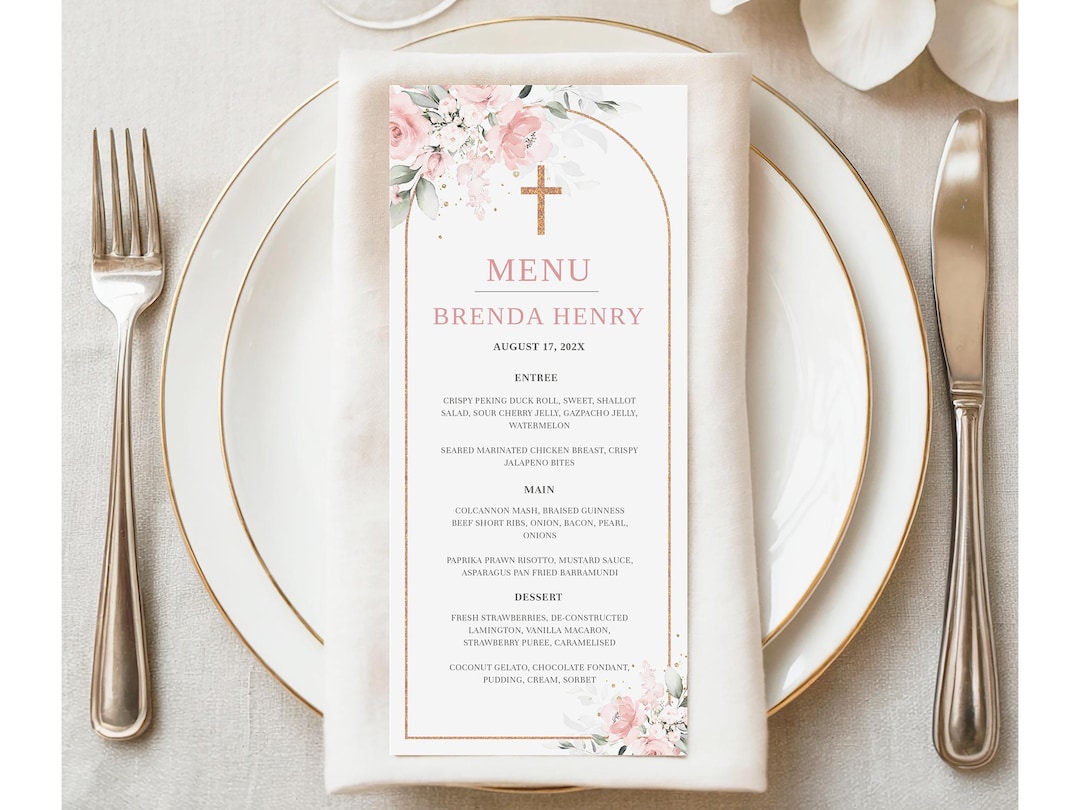 Pink First Holy Communion Menu Template, Pink First Communion Menu ...