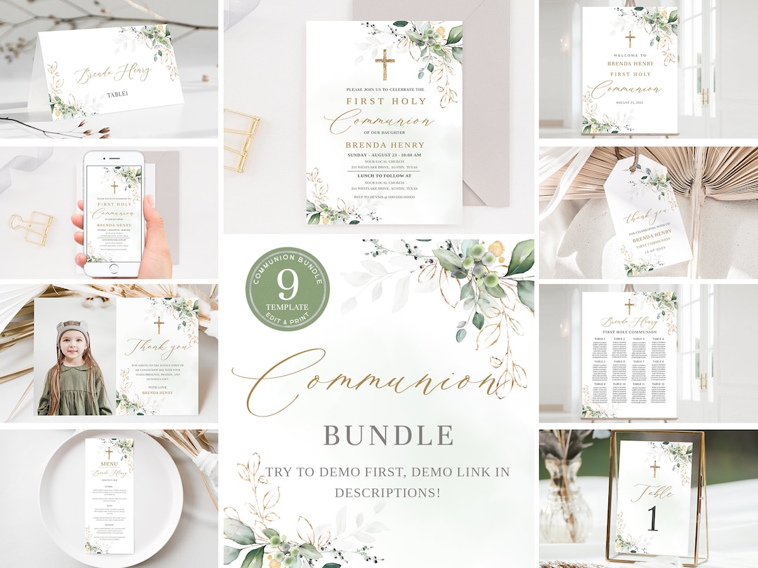 First Holy Communion Invitation Bundle, Greenery First Holy Communion ...