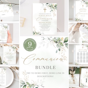 Può includere: Un pacchetto Comunione con vari articoli di cancelleria. Include inviti, segnaposto e altro. I design presentano accenti dorati, croci ed elementi botanici. Il testo recita "Communion Bundle" e "Try to demo first, demo link in descriptions!"