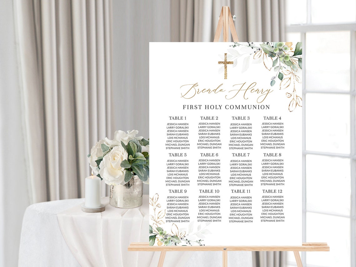 First Communion Seating Chart Template, Greenery First Communion ...