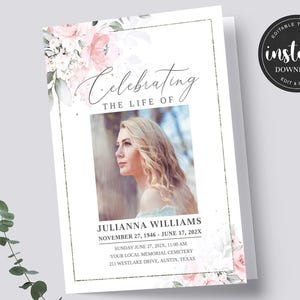 Puede incluir: Una tarjeta conmemorativa con una foto de una mujer, detalles florales y el texto "Celebrating the Life of...". La tarjeta incluye el nombre de Julianna Williams, fechas de nacimiento y defunción, y detalles del servicio conmemorativo. Un gráfico circular de "Descarga instantánea" está en la parte superior derecha.
