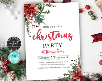 May include: A white Christmas party invitation with red and green watercolor floral designs. The text reads "Join us for a Christmas Party at Henry home, Saturday 17 December, 3815 Westlake Drive, Austin, TX 78746, RSVP to Dennis 000-000-00000, Please bring a Secret Santa gift to share."