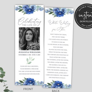 May include: A blue and white floral bookmark with a photo of a woman and the text "Celebrating the Life of" and "Julianna Williams, November 27, 1946 - June 17, 2020". The back of the bookmark has a poem titled "While Waiting for Thee" with blue and white floral accents.