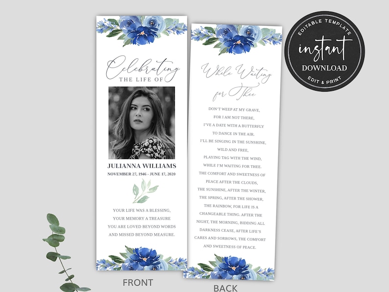 May include: A blue and white floral bookmark with a photo of a woman and the text "Celebrating the Life of" and "Julianna Williams, November 27, 1946 - June 17, 2020". The back of the bookmark has a poem titled "While Waiting for Thee" with blue and white floral accents.