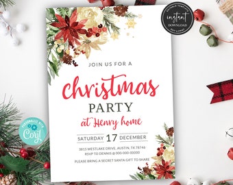 May include: A Christmas party invitation with a red and white floral design. The invitation reads "Join us for a Christmas Party at Henry home, Saturday 17 December, 3815 Westlake Drive, Austin, TX 78746, RSVP to Dennis @ 000-000-00000, Please bring a secret Santa gift to share."