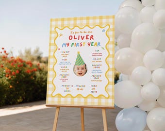 First Birthday Milestone Board with Photo, Primary Colors Baby Stats, Colorful 1st birthday Poster, Fun to Be One Sign, Canva Template