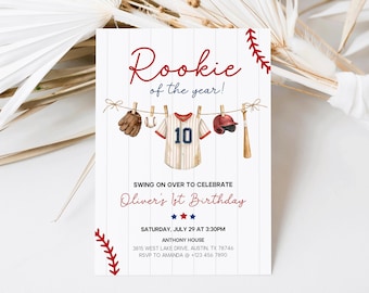 Rookie of The Year Invitation, Baseball First Birthday Invite, Editable Canva Template (Digital Download)