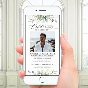 Op de afbeelding: Een digitale uitnodiging voor een herdenkingsdienst met een bloemenontwerp en een foto van een man. De tekst luidt "Viering van het leven van Andrew Williams, Zondag 27 juni 202X, 11:00 uur, Dienst in de [Uw lokale kerk], [Uw lokale adres], gevolgd door een receptie in de [Uw lokale adres]".