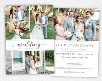 May include: Wedding photography business card featuring a collage of photographs of couples in various poses. The card includes the business name "wedding photography", contact details, and the text "Book before 7.25.19 to get 10% off your wedding collection".