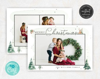 Christmas Card Template, Holiday Cards, Xmas Photo Card, Pine Trees Holiday Card, Watercolor Christmas Card, Christmas Photo Card
