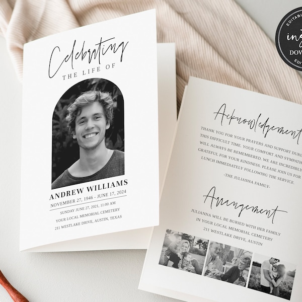 Funeral Program Template, Celebration of Life Program, Memorial Service Template, Bi-Fold Obituary Template, Order Of Service, Printable