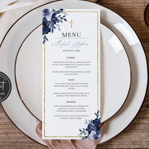 Blue Baptism Menu Template, Blue Gold Baptism Menu, Watercolor Baptism Menu, Baptism Dinner Menu, Brunch, Boy Baptism Menu Template, BP02ZBR