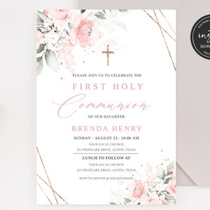 Pink First Holy Communion Invitation Template, Pink Watercolor Communion Invite, Editable First Communion Invitation, Girl Communion Invite image 1