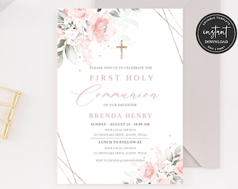 Pink First Holy Communion Invitation Template, Pink Watercolor Communion Invite, Editable First Communion Invitation, Girl Communion Invite