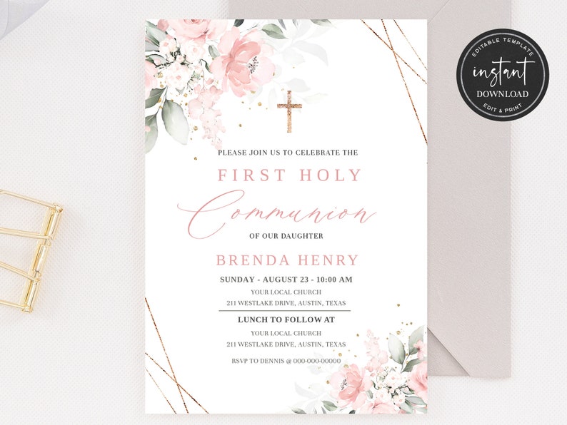 Pink First Holy Communion Invitation Template, Pink Watercolor Communion Invite, Editable First Communion Invitation, Girl Communion Invite image 1