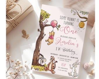 Winnie the Pooh Birthday Invitation, Some Bunny is One, Editable Canva Template, (Digital Download) Pink