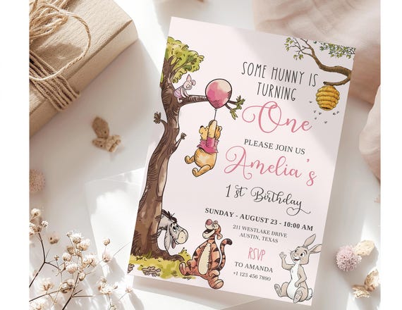 Winnie the Pooh Birthday Invitation, Some Bunny is One, Editable Canva Template, (Digital Download) Pink