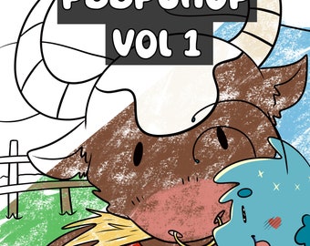 May include: A black and white line art coloring page featuring a brown bull with a ring in its nose and a blue monster with a green leaf on its head. The title of the coloring page is "Color with Peepchop Vol 1".