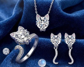3-delige moissaniet kattensieradenset | 925 sterlingzilveren combinatie ring, oorknopjes en hangerketting | Bijpassende cadeauset voor kattenliefhebber