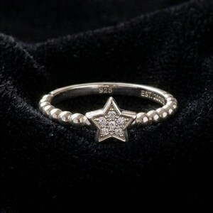 925 Sterling Silver Star Ring, Pave CZ Celestial Beaded Band, Dainty North Star Ring, Minimalist Silver Stackable Ring, Tiny Star Jewelry,