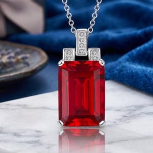 Lab Created Ruby Pendant Necklace, 10x14mm Emerald Cut Ruby Necklace, 925 Sterling Silver Pendant, Minimalist Red Gemstone Necklace Gift