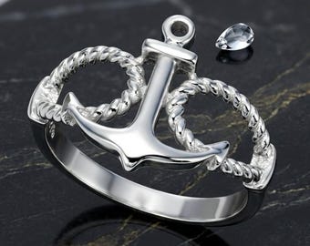 Sterling Silver Anchor With Rope Ring, Anchor Ring, Anchor With