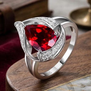 Pear Cut Lab Created Ruby Ring, Sterling Silver Engagement Ring, Teardrop Red Gemstone Ring, Minimalist Promise Ring for Her, Statement Ring