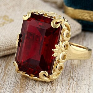 Lab Created Red Ruby 18k Gold Wrapped Silver Ring, 10x12MM Emerald Cut Red Ruby Gemstone Ring, 925 Sterling Silver Engagement Ring For Women