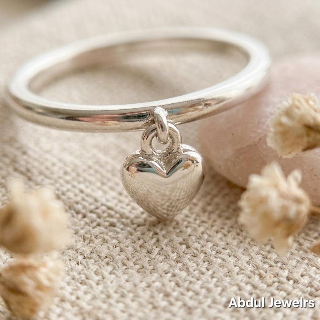 925 Sterling Silver Heart Dangle Ring, Dainty Minimalist Heart Charm ...