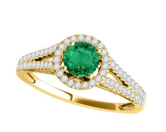 Lab Created Emerald 18k Gold Wrapped Ring, 6x6MM Round Cut Emerald Silver Ring, 925 Sterling Silver Emerald Ring, Emerald Gemstone Ring
