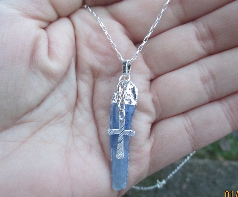 Sterling Silver and Blue Kyanite Cross Necklace