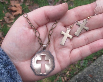 Brass Rustic Cross Necklace and Earrings