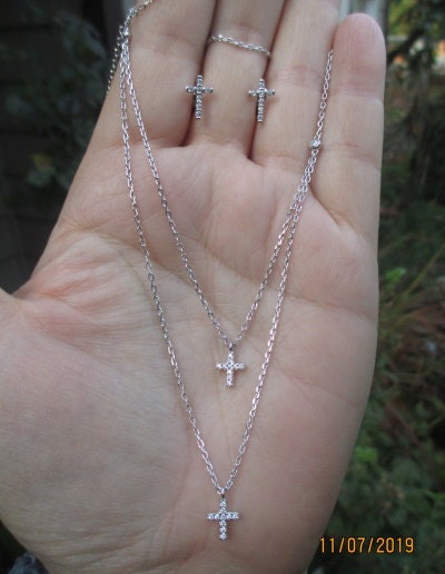 Sterling Silver CZ Cross & Chain and Earrings Set main image 1