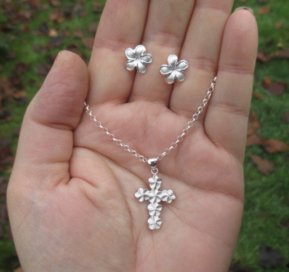 Sterling Silver Flower Cross Necklace or Earrings Etsy