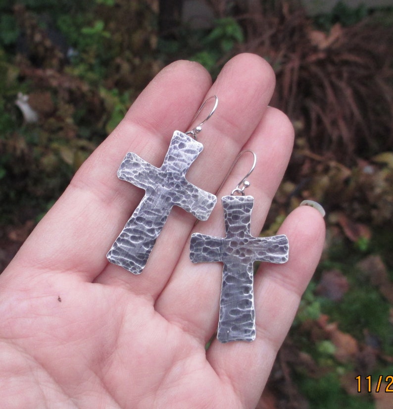 Sterling Silver Hammered Cross Earrings Etsy