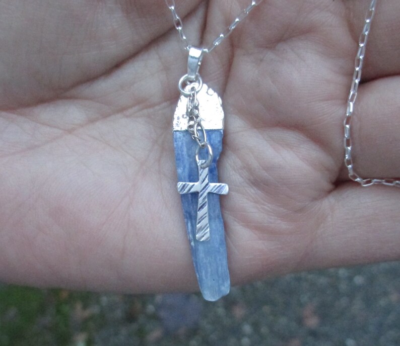 Sterling Silver and Blue Kyanite Cross Necklace
