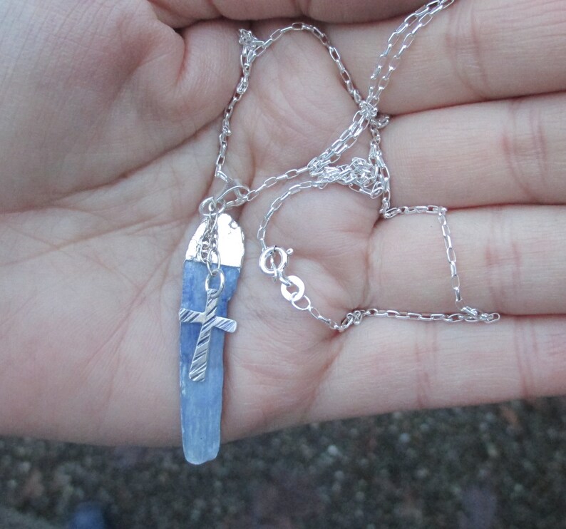 Sterling Silver and Blue Kyanite Cross Necklace