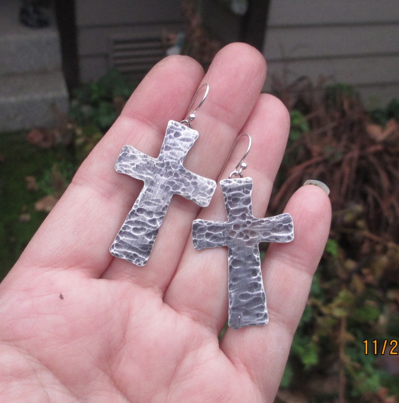 Sterling Silver Hammered Cross Earrings Etsy
