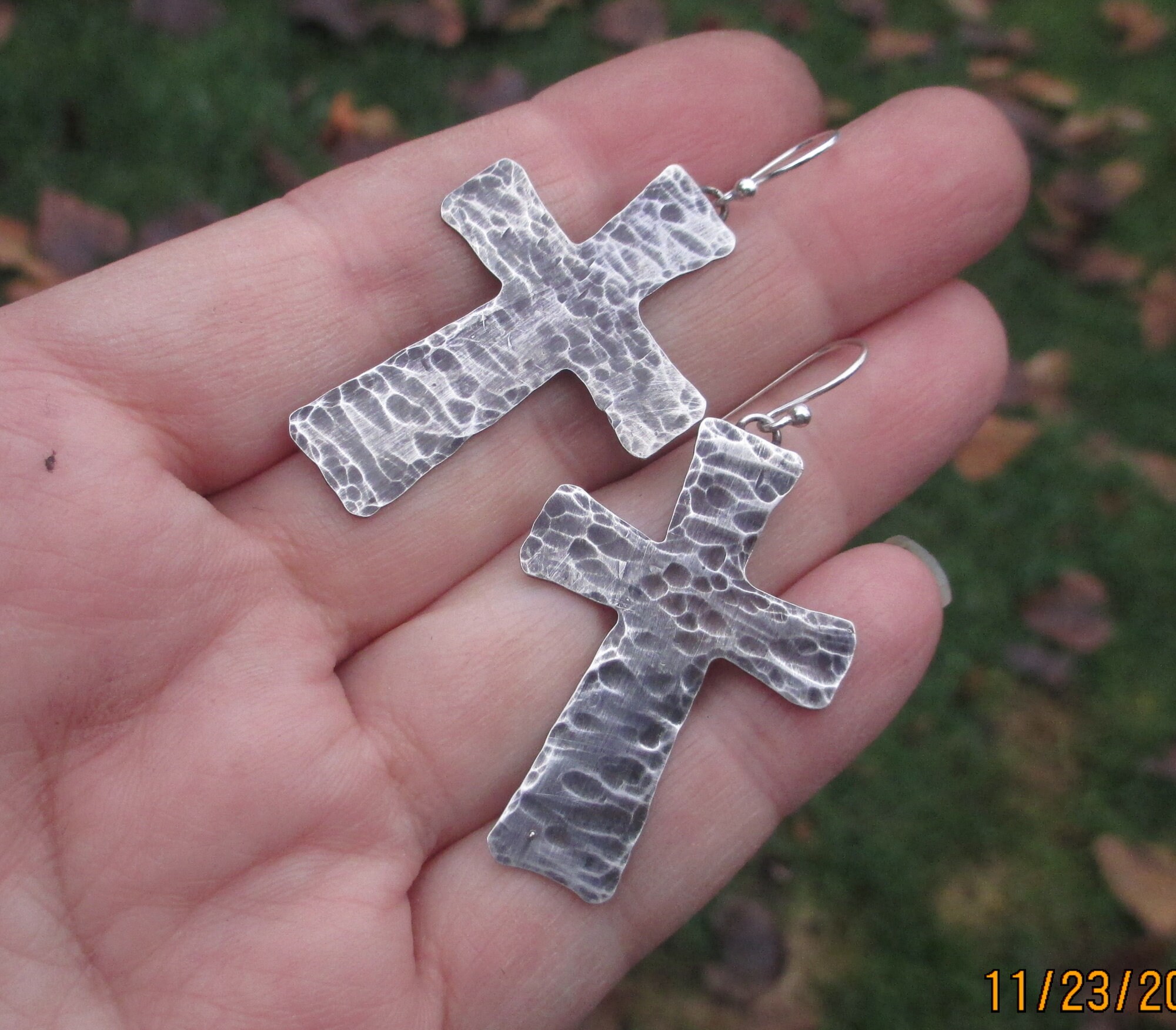 Sterling Silver Hammered Cross Earrings Etsy