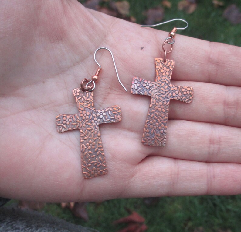 Copper Flower Print Cross Earrings Etsy
