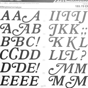 May include: A black and white image showing the Bookman Italic font in a variety of sizes and styles. The font includes uppercase letters, numbers, and punctuation marks.